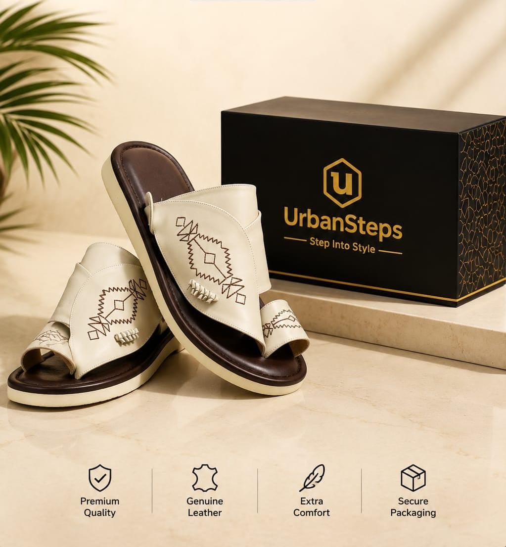 Handmade UrbanSteps Arabic sandals displayed with a premium branded shoe box